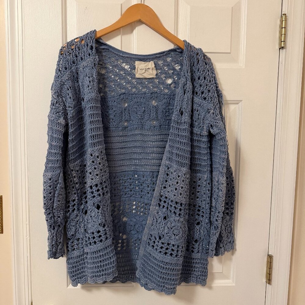 Lucky Brand Blue 100% Cotton Crochet Open Front Cardigan Size M